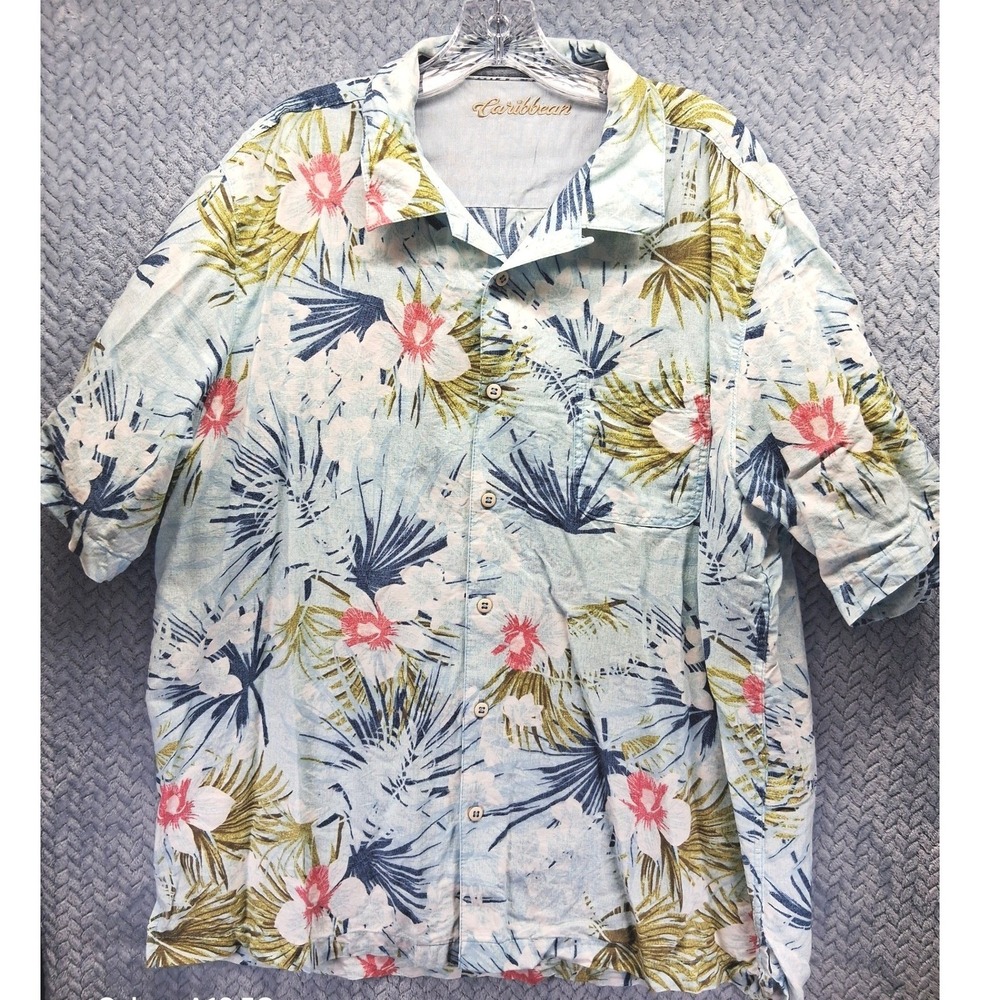 Caribbean Men Short Sleeve Tropical Floral Linen Blend Loop Collar Shirt Blue XL